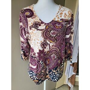 Chicos Top Womens Petite Large Purple Paisley Animal Print Artsy Southwestern